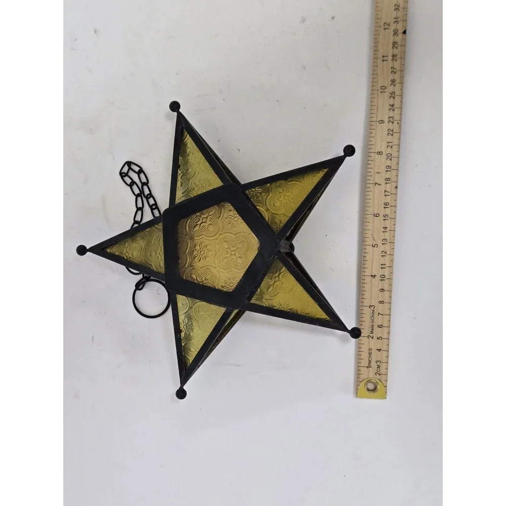 VTG Moravian Star Candle Holder Hanging Tealight Lamp Lantern Amber Glass